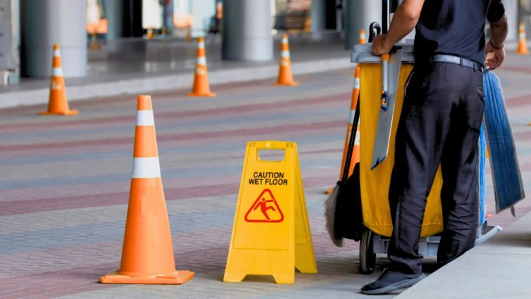A man in uniform with a janitorial trolley outside the entrance of a commercial building, preparing for cleaning tasks.