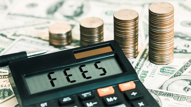 Calculator with fees, coins, and cash in the background, representing commercial cleaning service costs.