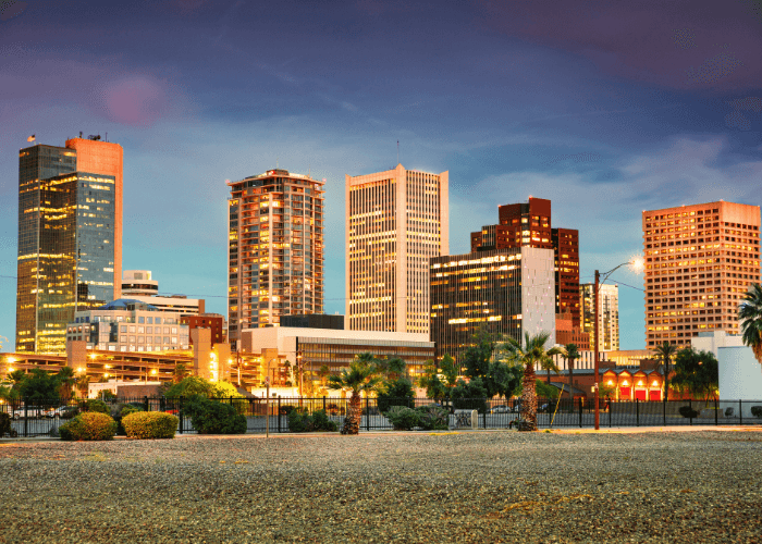 Phoenix skyline featuring modern commercial buildings with clear blue sky