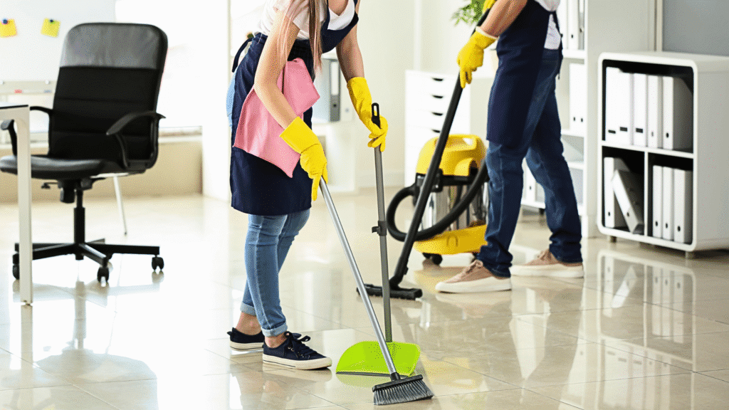 Office cleaning with a woman sweeping the floor while a man vacuums behind her.
