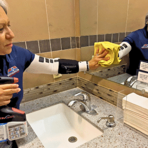 Day porter cleaning a mirror to maintain a spotless and welcoming commercial space.