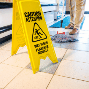 Wet floor sign with a cleaner mopping in the background, ensuring safety after emergency cleaning.