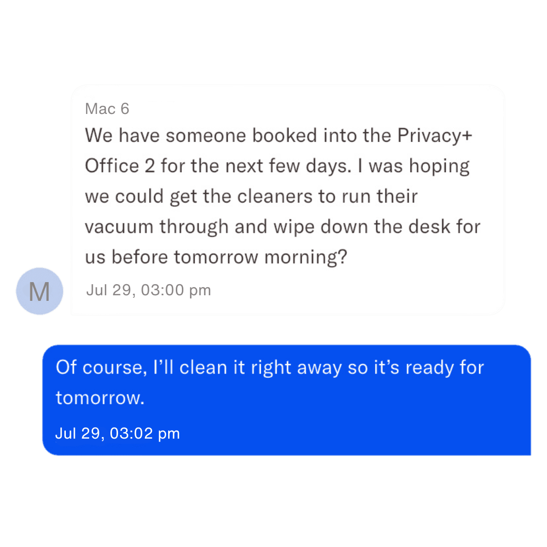American Commercial Cleaning responding to customer request to vacuum and wipe desk in Privacy+ office room