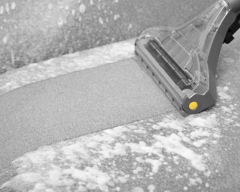 Close-up of a carpet cleaning machine extracting dirt and water, showing a freshly cleaned strip of carpet.