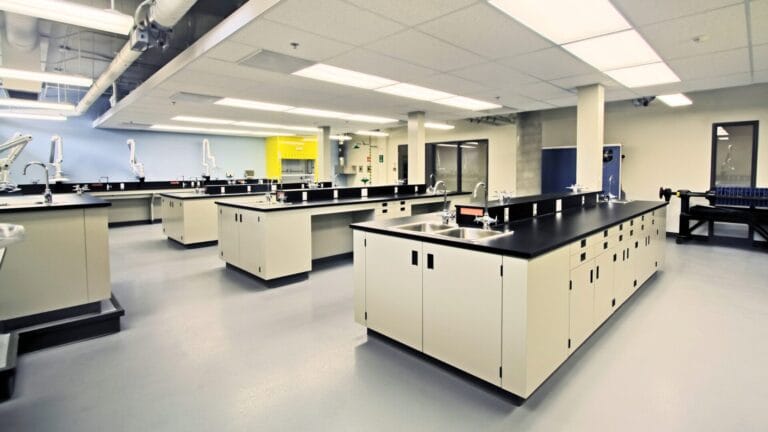 Modern science laboratory with multiple workstations, black countertops, and stainless steel sinks, equipped with gas and water fixtures, bright overhead lighting, and organized for research or classroom use.