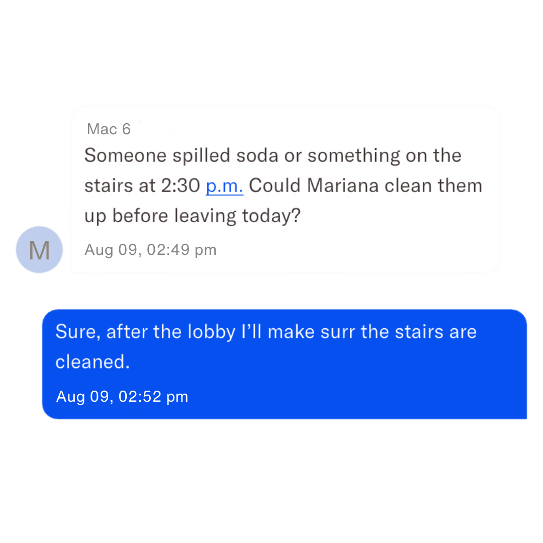 American Commercial Cleaning customer asking cleaner to clean spilled soda on the stairs